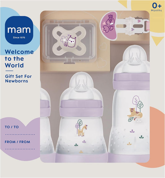 MAM Kit Presente para Recém-Nascido Inclui: 2 Mamadeiras Anticólicas de 160 ml, 1 Mamadeira Anticólica de 260 ml, 1 Chupeta Original Start, 1 Prendedor de Chupeta, a partir de 0 meses, Rosa
