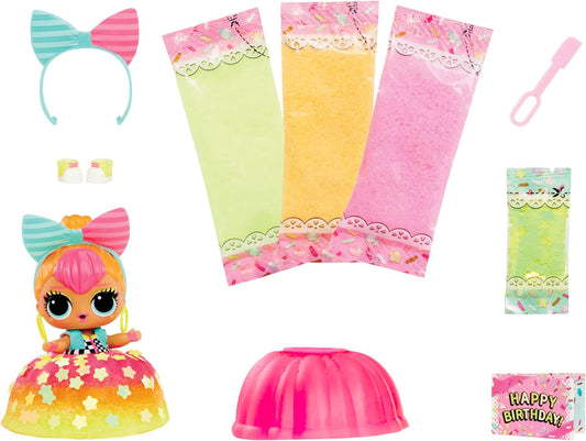 LOL Surprise Mezcla y haz cupcakes para tartas de cumpleaños, con muñeca coleccionable, vestido para tartas, fabricación y decoración de tartas, ingredientes y chispas de purpurina, muñeca con vestido para tartas, ideal para niñas de 3 años en adelante