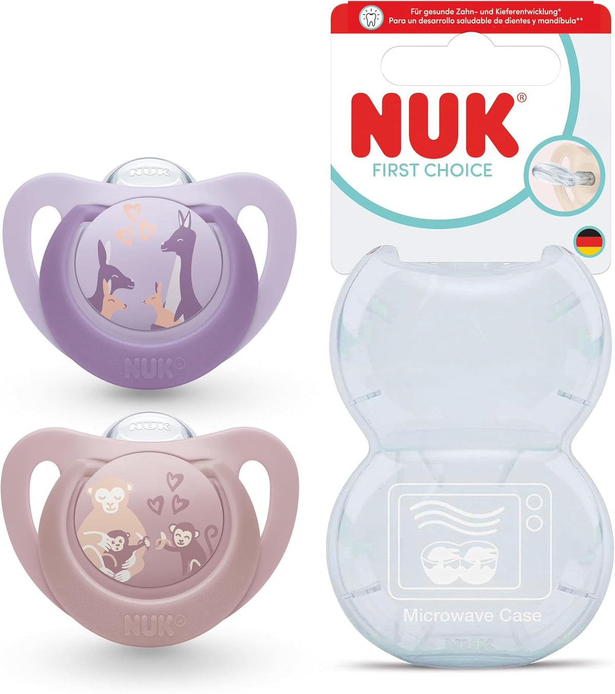 NUK Chupetas First Choice | 18-36 Meses | Chupetas Ortodônticas | Acalmam 99% dos Bebês** | Macaco e Canguru | 2 Unidades