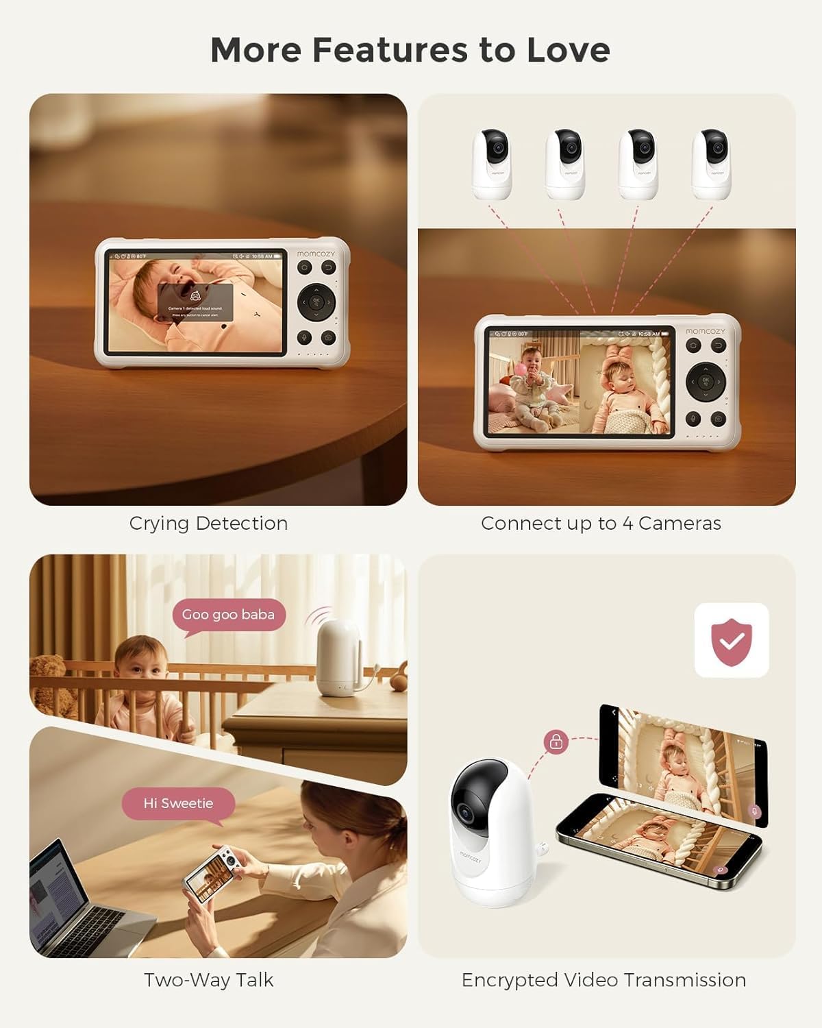 Momcozy Monitor de Bebê BM04 com Câmera, Compatível com Aplicativo, Monitor Inteligente para Bebês com Wi-Fi, Câmera e Áudio, Alerta de Movimento em Tempo Real, Monitor 1080P com Suporte de Parede, Fácil de Emparelhar (Compatível com BM04)