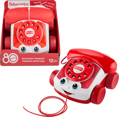 Telefone de brinquedo Fisher-Price Baby vermelho, edição de 80º aniversário da Mattel, com atividade de puxar para bebês e crianças a partir de 1 ano de idade, JGG97
