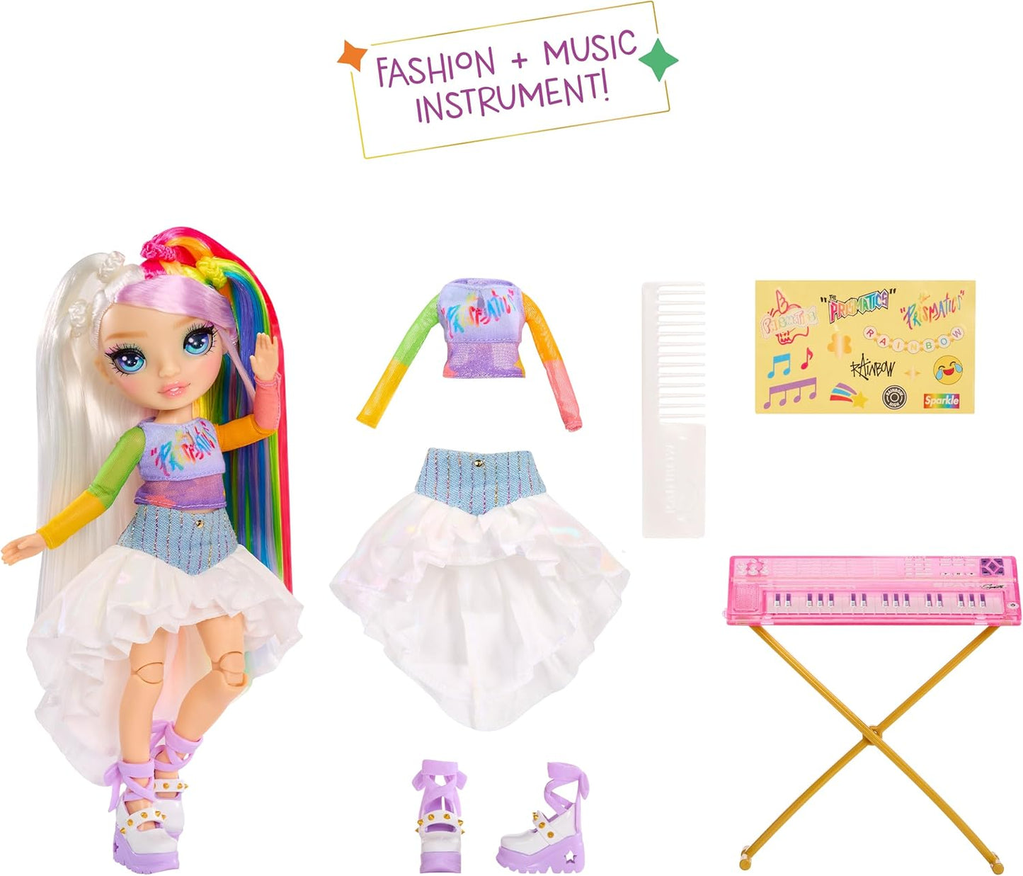 Rainbow High Junior High Rock Band - Amaya, Rainbow - Boneca Fashion de 23cm com Teclado, Personalizável com Adesivos, Articulada, Brinquedo Fofo para Crianças a partir de 4 Anos