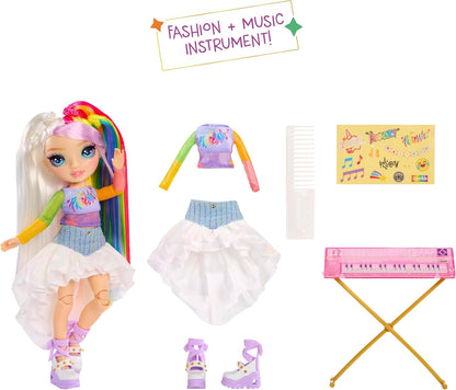 Rainbow High Junior High Rock Band - Amaya, Rainbow - Boneca Fashion de 23cm com Teclado, Personalizável com Adesivos, Articulada, Brinquedo Fofo para Crianças a partir de 4 Anos