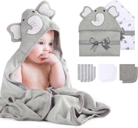 momcozy Hooded Baby Towel Set, 8-Piece Baby Bath Towel Set, 2Pcs Baby Towel and 6Pcs Baby Wash Cloth, Soft and Super Absorbent Baby Washcloths for Toddlers, Baby Shower Set Cute Elephant