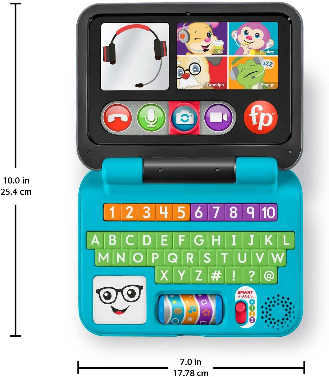 Laptop Fisher-Price Laugh & Learn Let's Connect - Edição em inglês do Reino Unido, brinquedo eletrônico com conteúdo de aprendizagem Smart Stages para bebês e crianças pequenas, HGW96