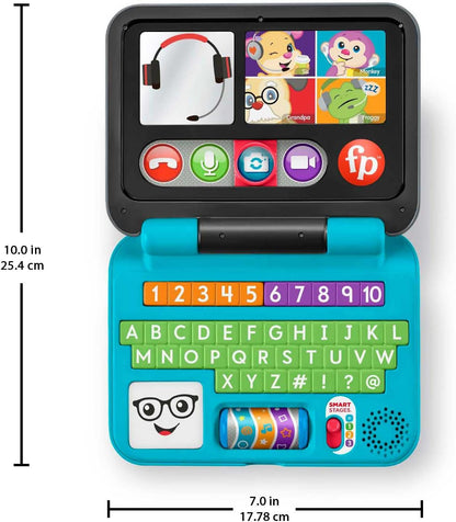 Laptop Fisher-Price Laugh & Learn Let's Connect - Edição em inglês do Reino Unido, brinquedo eletrônico com conteúdo de aprendizagem Smart Stages para bebês e crianças pequenas, HGW96