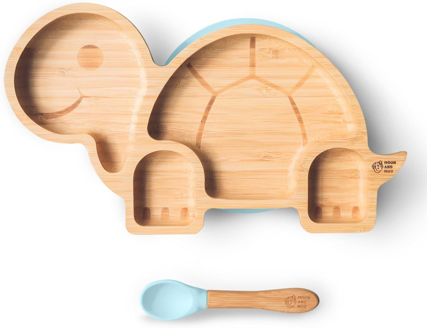 Juego de cuchara y plato de succión de bambú Moon and Moo Turtle para niños, niños pequeños y destete del bebé - No tóxico - Sin plástico - Permanece en su lugar - Plato de succión para bebé - Juego de destete para bebé (gris)