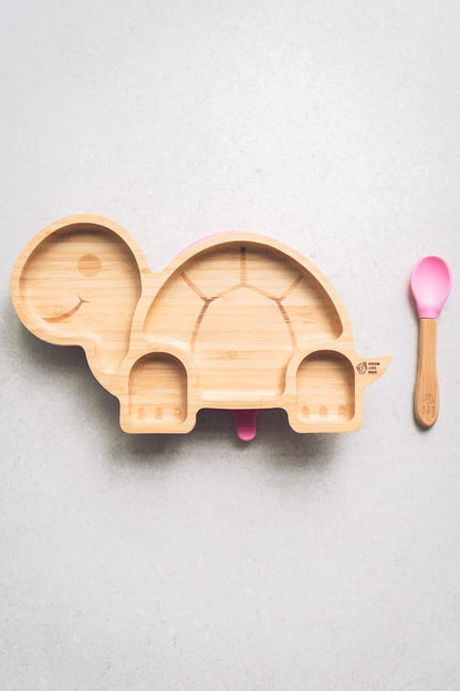 Juego de cuchara y plato de succión de bambú Moon and Moo Turtle para niños, niños pequeños y destete del bebé - No tóxico - Sin plástico - Permanece en su lugar - Plato de succión para bebé - Juego de destete para bebé (gris)