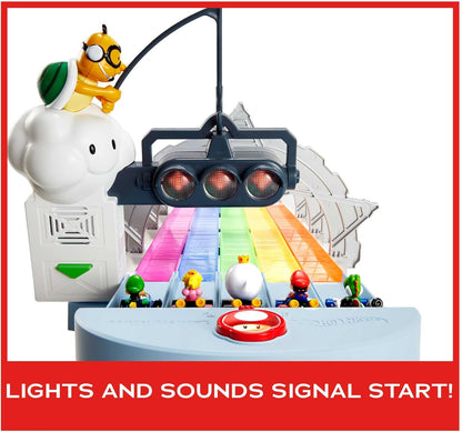 Pista Hot Wheels Mario Kart Rainbow Road Raceway de 2,4 metros com luzes e sons e 2 veículos em escala 1:64, brinquedo ideal para crianças a partir de 4 anos, GXX41