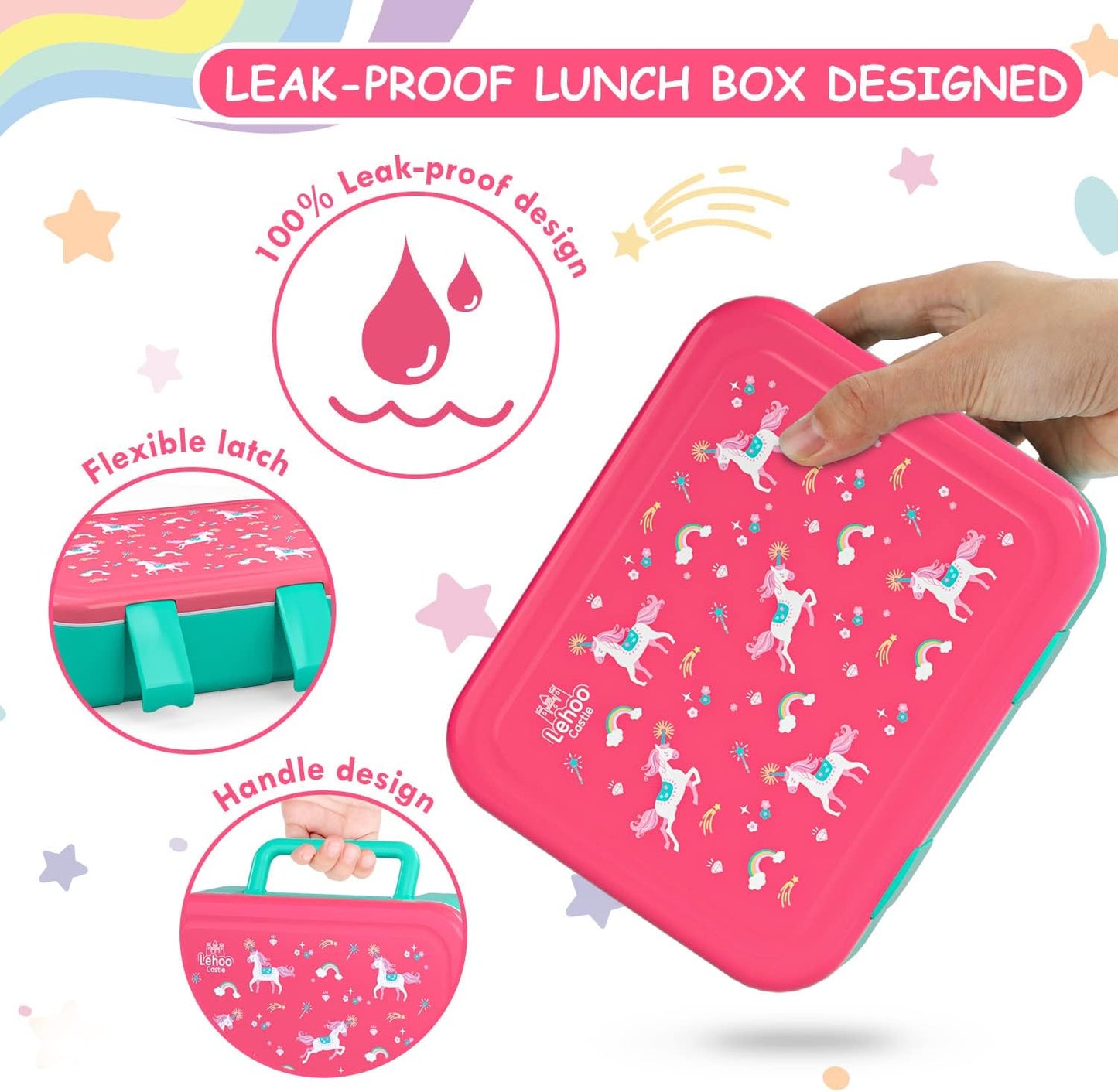 Lehoo Castle Lancheira infantil Bento, lancheira com 5 compartimentos, recipientes de almoço de 1,25L com pote de molho, colher e garfo para meninos e meninas, escola, à prova de vazamentos, sem BPA (dinossauro)