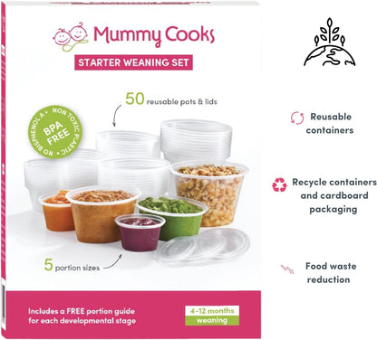 Mummy Cooks 50 potes variados de porções iniciais de desmame de 4 a 12 meses para congelar comida de bebê, reutilizáveis, sem BPA
