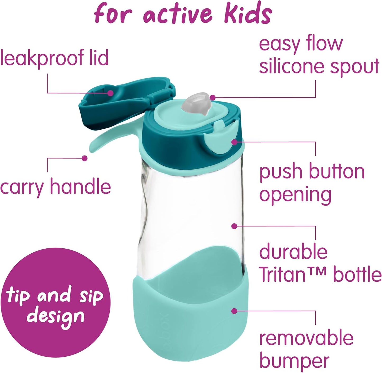 b.box Garrafa de água e bebidas Sport Spout | Garrafa com fácil aderência e tampa à prova de vazamentos | Design moderno e divertido para crianças, incline e beba | 450ml/15