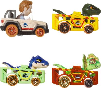 Hot Wheels Carros de brinquedo, RacerVerse 4 pacotes de veículos fundidos apresentando personagens do Jurassic World Charlie, Owen, Dilophosaurus e Allosaurus como motoristas, HKD32