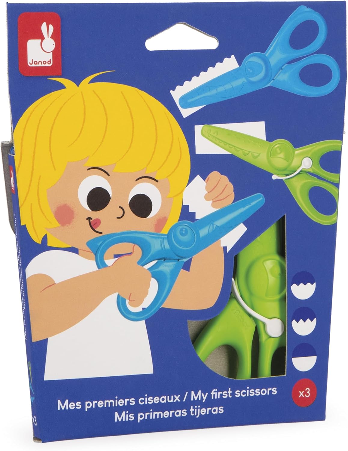Janod - Conjunto de 3 tesouras com 3 formatos de corte - Pontas arredondadas e seguras - Lâminas de plástico - Ideal, Janod - Meus primeiros lápis de cera - 6 lápis de cera para bebês a partir de 12 meses - Adequado