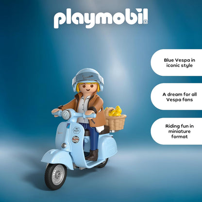 Playmobil | Veículos | 80 Anos de Vespa: Estilo Icônico | Vespa comemorativa azul-clara com figura estilosa, cesta e cartela de adesivos | Para crianças a partir de 5 anos | 72284