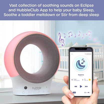 Hubble Monitor de áudio e chupeta Eclipse Smart Baby com luz noturna de 7 cores, alto-falante com música calmante e faixas de sono, sensor de temperatura ambiente, treinador de sono com conectividade Wi-Fi