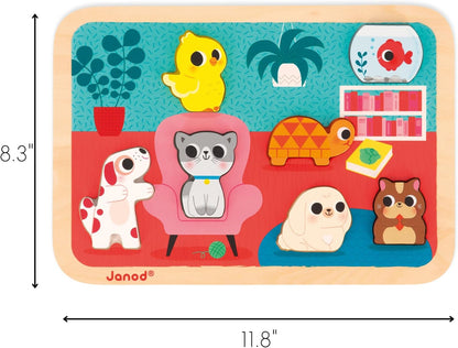 Janod - Rompecabezas Robusto “Mascotas” - Madera FSC - 7 Piezas - Desarrolla la motricidad fina, la concentración y la imaginación - A partir de 18 meses,