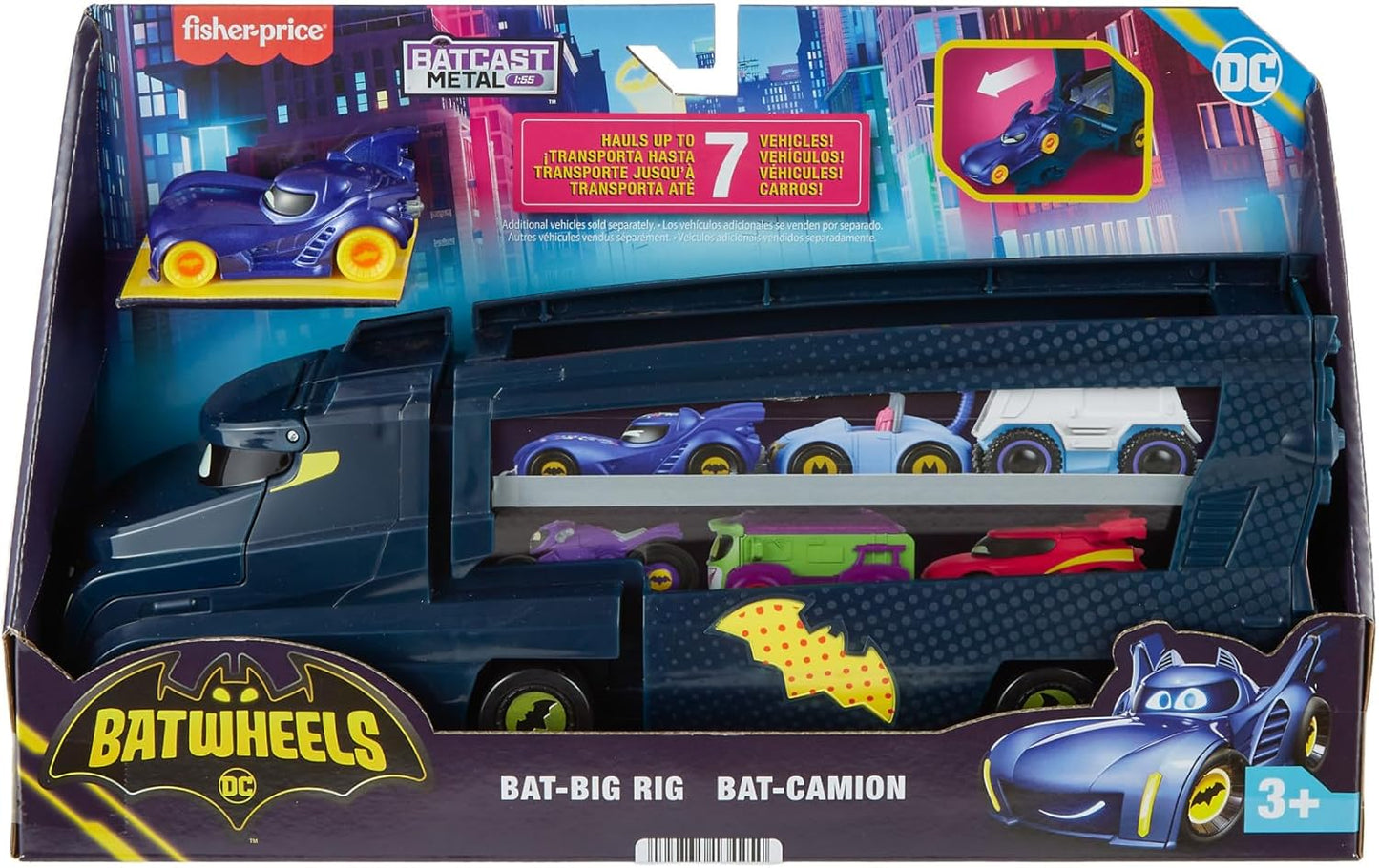 Caminhão de Brinquedos Fisher-Price DC Batwheels com Rampa e Batmóvel, Escala 1:55, Veículo de Brinquedo em Metal Fundido, para Crianças a partir de 3 Anos, HMX07