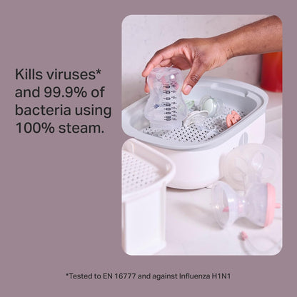 Tommee Tippee Esterilizador a vapor elétrico Supersteam para mamadeiras, elimina vírus e 99,9% das bactérias, ciclo de esterilização de 5 minutos, branco.