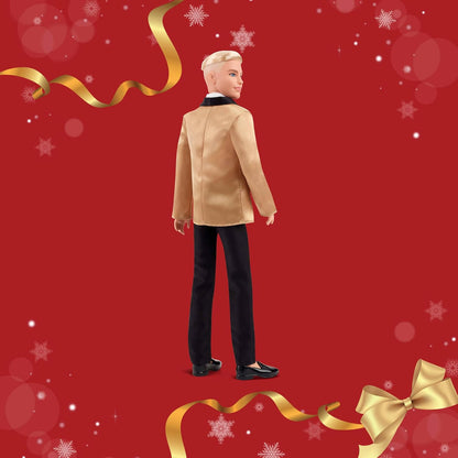 Barbie Signature 2025 Ken Loiro de Natal, Boneco Colecionável Fashion, Vestindo Terno Completo com Jaqueta Dourada, em Embalagem Exibível com Suporte para Boneco, JGK55