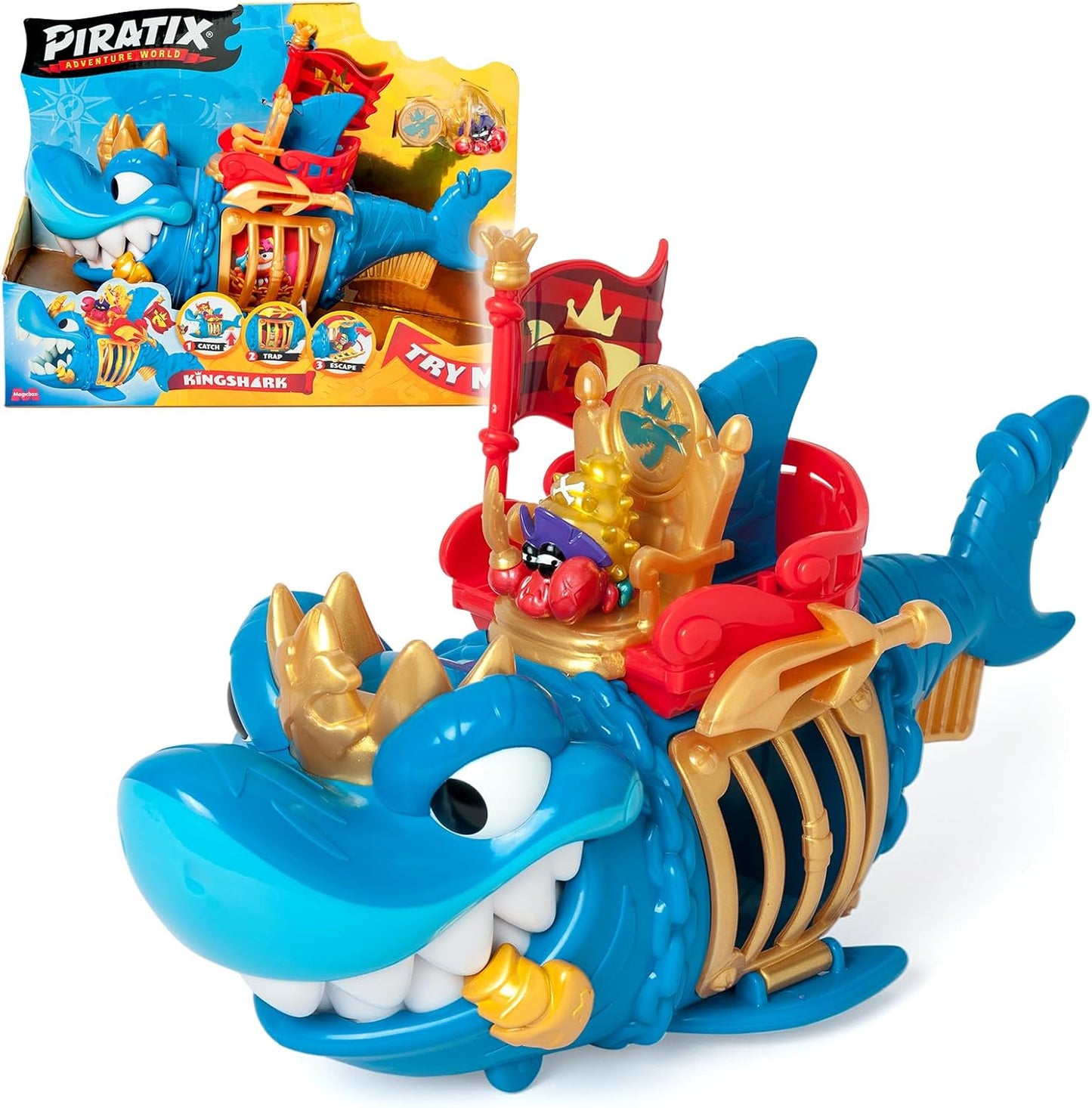 PIRATIX King Shark - Tubarão articulado com gaiola para capturar Piratix rivais. Inclui 1 tubarão, 1 tesouro exclusivo, 1 Piratix exclusivo e 1 acessório. Cor: Azul.