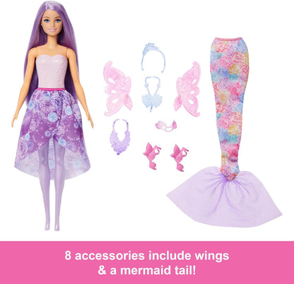 Barbie Boneca com Roupas e Acessórios, Pacote de Moda Fantasia com 8 Acessórios Incluindo Cauda de Sereia, Asas de Fada, Colares Reais, Sapatos e Mais para Mais de 10 Looks, JCP74