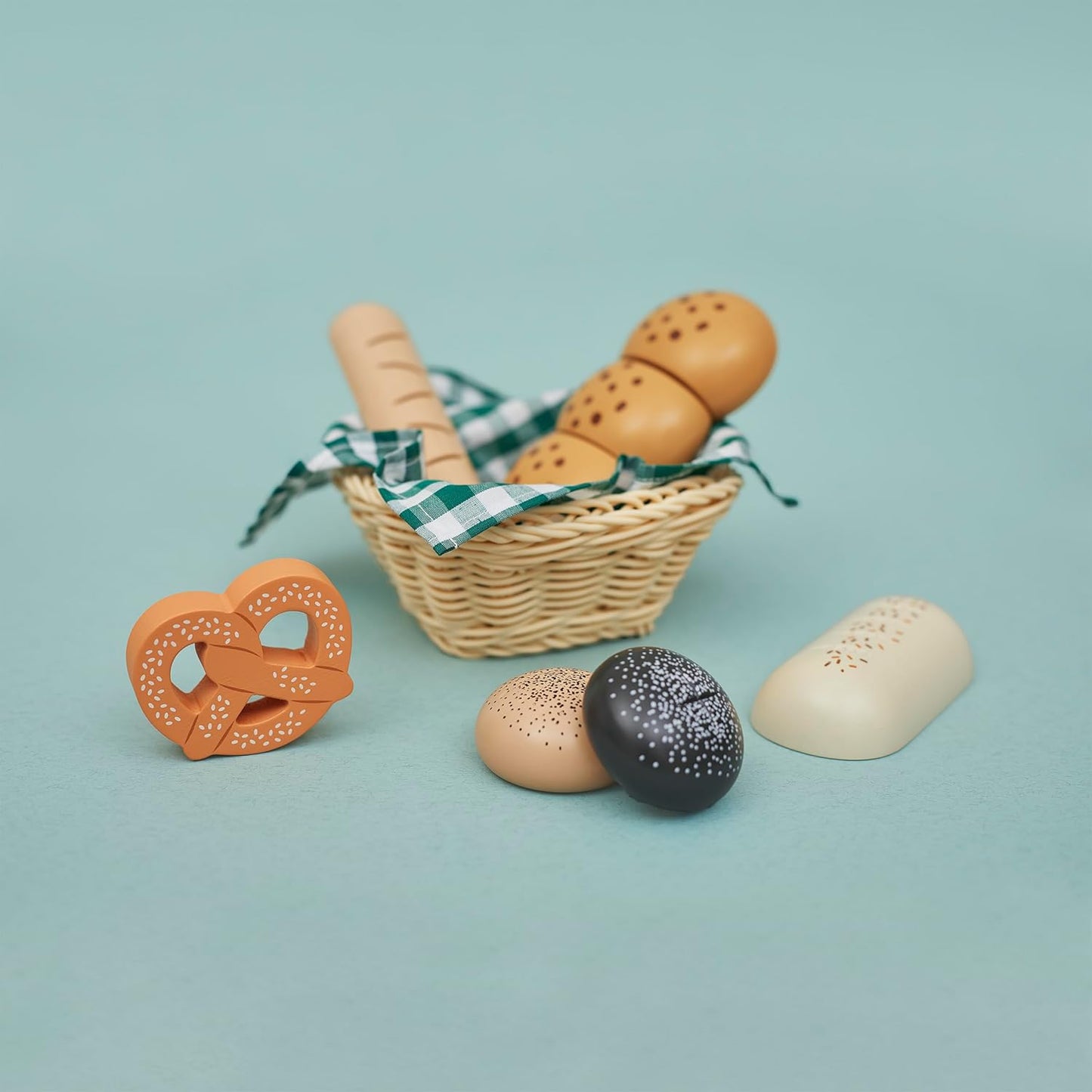 Janod - Cesta de Padaria de Madeira - Cesta Viennoiseries - 6 Acessórios de Jantar Realistas - Complemento Ideal para a Cozinha de uma Criança - Desenvolve a Imaginação - A partir de 3 anos - J06645