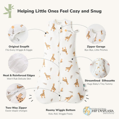 momcozy Saco de dormir para bebê, 0-6 meses, 1.5 TOG, com ajuste por botões de pressão, zíper duplo, tecido macio de bambu, estampa de girafa, tamanho P