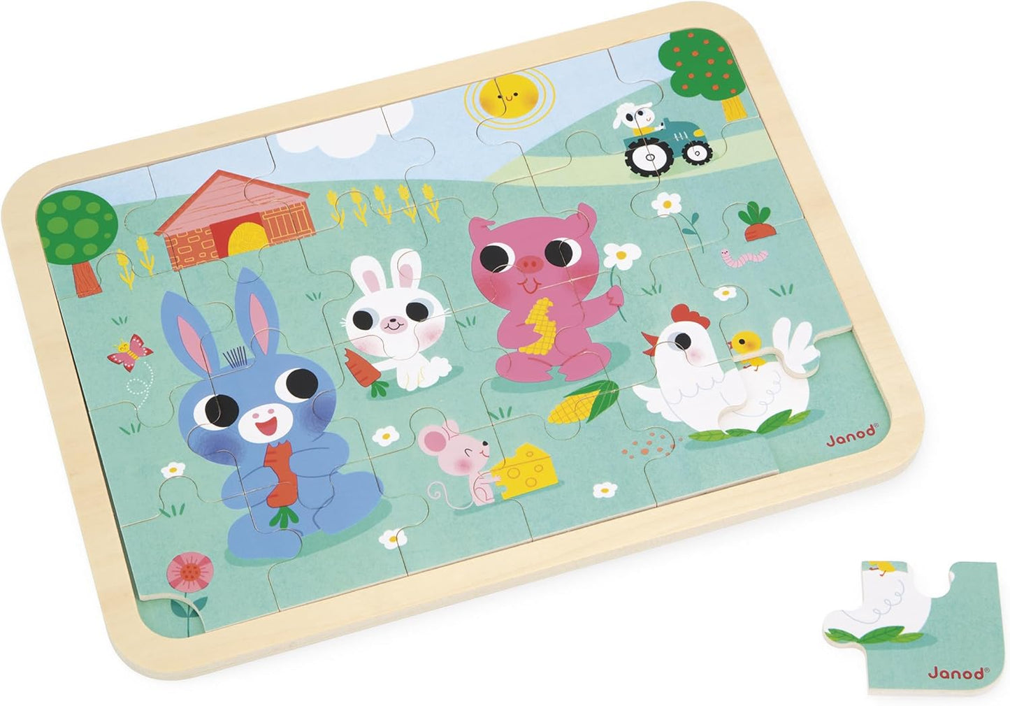 Janod - Quebra-cabeça de Madeira 24 Peças Infantil A partir de 4 anos - Tema Fazenda - Modelo incluso + Jogo dos 5 Erros no Tabuleiro - Desenvolve Concentração e Observação - Produto FSC - J07126