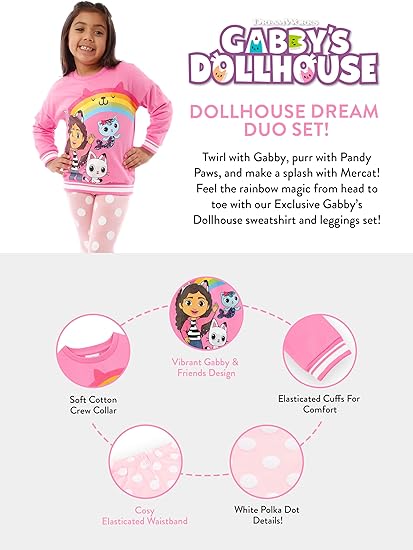 DREAMWORKS GABBY'S DOLLHOUSE Conjunto de moletom e leggings para meninas | Conjunto coordenado Pandy Paws e Mercat | Roupas e conjuntos para meninas | Idades de 3 a 10 anos | Produto oficial da Gabby