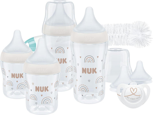 NUK Conjunto de mamadeiras Perfect Start Perfect Match | 0-6+ meses | Adapta-se ao Paladar do Bebê | 4 x mamadeiras anti-cólicas, manequim, escova de mamadeira e muito mais | Sem BPA | 9 Contagem