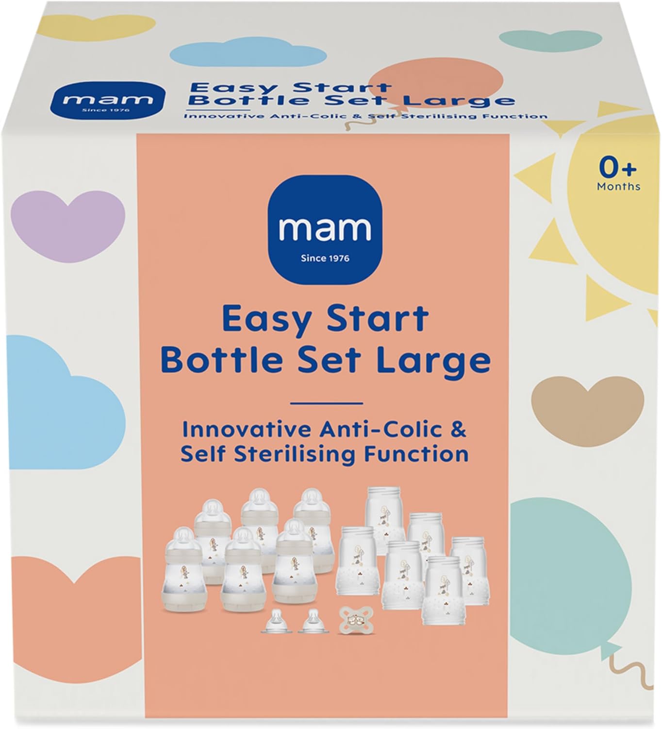 MAM Conjunto inicial de mamadeiras anticólicas Easy Start | Inclui mamadeiras e chupeta autoesterilizante MAM Original Start de 0 a 2 meses | Conjunto de presente para bebês