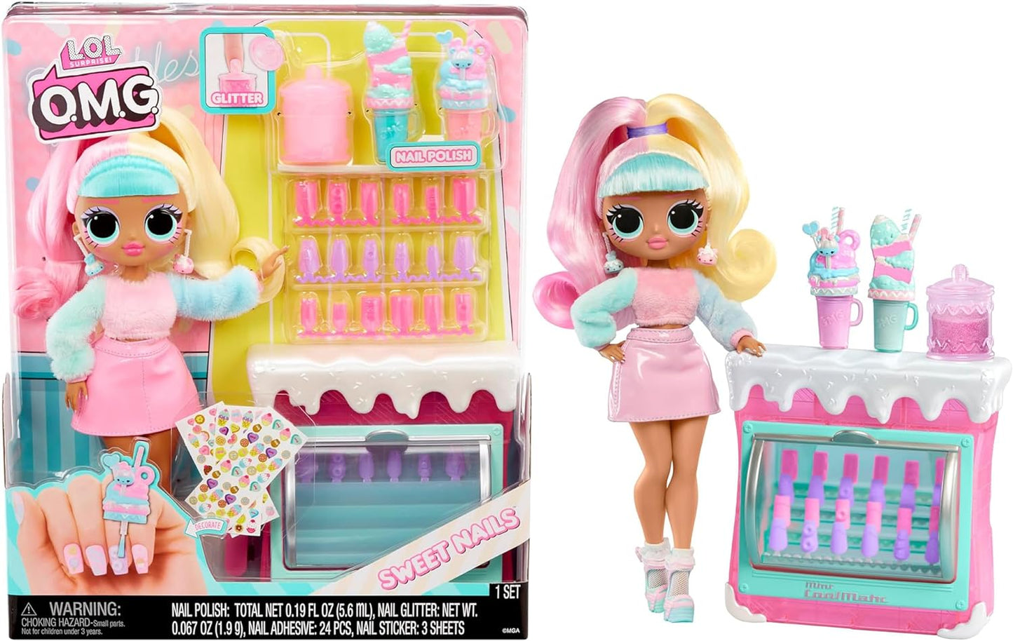 LOL Surprise OMG Sweet Nails - Candylicious Sprinkles Shop - Com 15 surpresas, incluindo esmalte de verdade, unhas prensadas, folhas de adesivos, glitter, 1 boneca fashion e muito mais - ótimo para crianças a partir de 4 anos