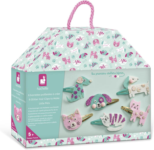 Janod - Conjunto de 6 prendedores de cabelo para criar - Gato e Cachorro - Les Ateliers Bijoux - Kit de Lazer Criativo Infantil - Motricidade fina e criatividade - A partir de 5 anos - J09181