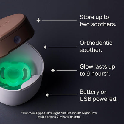 Tommee Tippee NightGlow Pod com chupeta NightGlow ultraleve para bebês de 0 a 6 meses, carrega chupetas que brilham no escuro em 2 minutos, esterilizador de chupetas UVC portátil, alça ajustável, funciona com pilha AA ou USB.