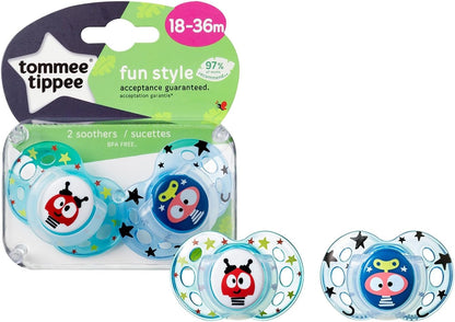 Tommee Tippee Chupetas Fun Style, 18-36 m, pacote com 2, design ortodôntico simétrico, silicone sem BPA, as cores podem variar