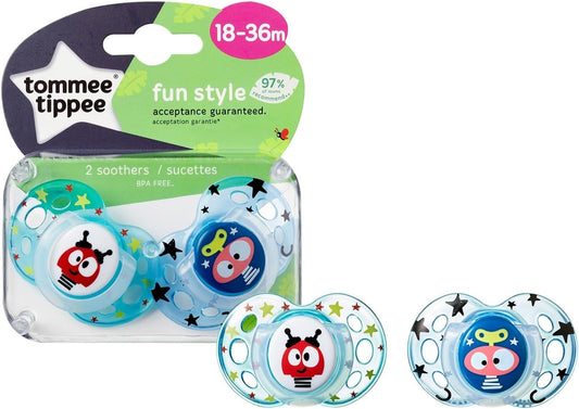 Tommee Tippee Chupetas Fun Style, 18-36 m, pacote com 2, design ortodôntico simétrico, silicone sem BPA, as cores podem variar