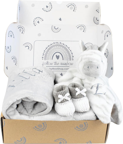 Baby Box Shop - Presentes personalizados para bebês - Cobertor de bebê personalizado e edredom de bebê zebra personalizado com botinhas de algodão cinza e branco, ideais para presentes de batizado
