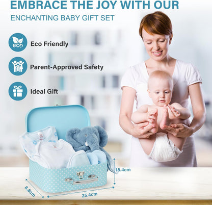 Baby Box Shop - Conjunto de presente para recém-nascidos - Cesta premium com chocalho para cachorro, porta-retratos, tecido de musselina, chá de bebê para recém-nascidos
