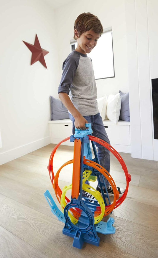 Fisher-Price Hot Wheels Track Builder Kit ilimitado de loop triplo Conjunto de presente dobrável de 3 loops para crianças de 6 a 12 anos e um veículo Hot Wheels em escala 1:64 com pontos de conexão, GYP65