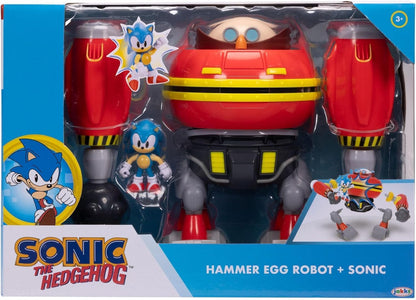 Conjunto de batalha do robô gigante Eggman do Sonic The Hedgehog, oficialmente licenciado pela Jakks Pacific, com 22,9 cm de altura, inclui o robô Eggman com canhão e uma figura do Sonic. Ideal para meninos.