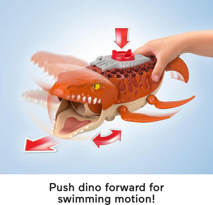 Fisher-Price Imaginext Jurassic World Rebirth Aquachomp Chase Mosasaurus - Brinquedo de dinossauro de 45 cm com figura de ação de 7,5 cm, barco lançador e 2 projéteis, JFR23