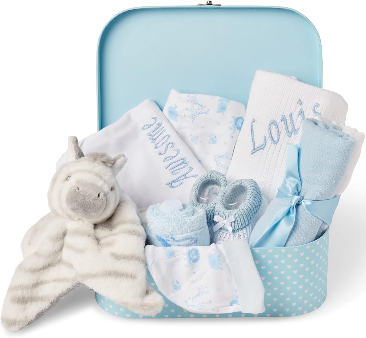 Ellabellaboo Loja Baby Box - Conjunto de presentes personalizados para bebês meninos Cesta para recém-nascidos - Presentes personalizados exclusivos, cesta para bebês com itens essenciais Ideia de presente neutra e para revelação do gênero