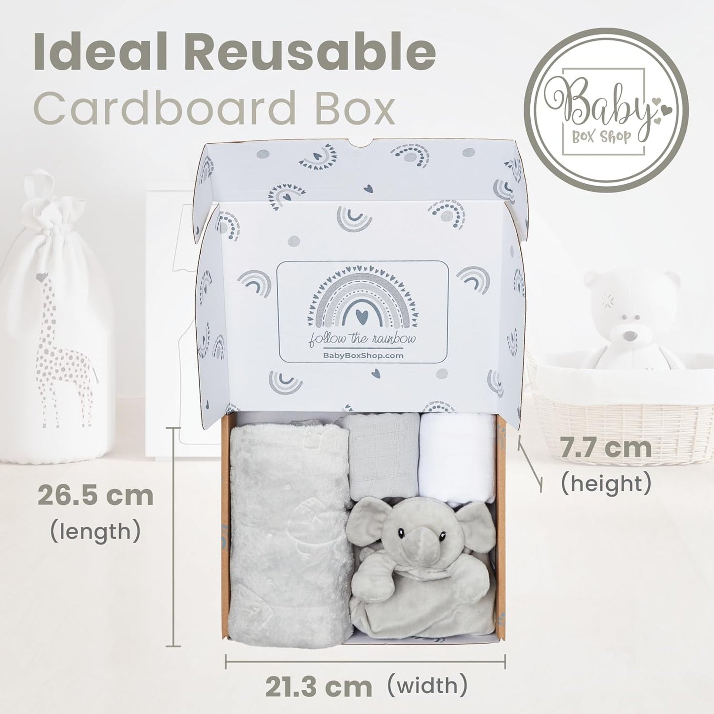 Baby Box Shop - Presentes personalizados para meninos, presente ideal para batizado: cobertor de lã, Baby Box Shop - 5 itens essenciais para recém-nascidos, ideais como presentes para chá de bebê e batizado, panos de musselina e presentes
