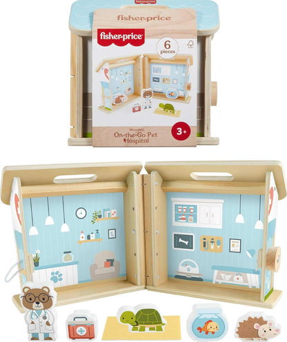 Fisher-Price Conjunto de brinquedo de madeira para brincar de hospital de animais de estimação, 6 peças, para crianças em idade pré-escolar a partir de 3 anos, JFG07