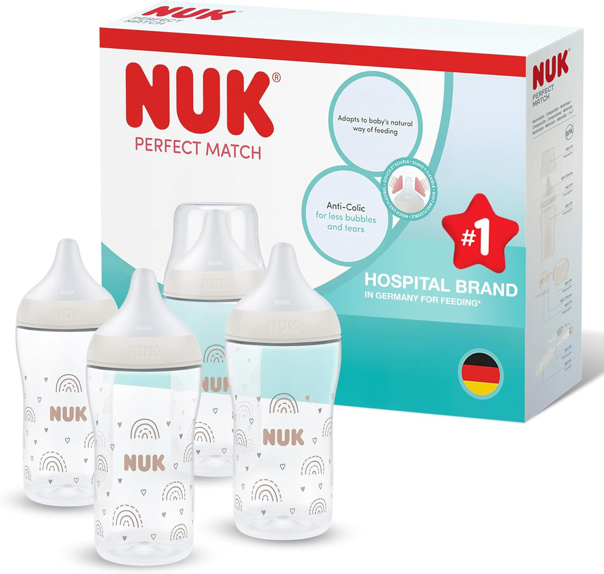NUK Mamadeira Perfect Match | 3+ meses | 260 ml | Mamadeira anticólica | Polipropileno (PP) | Indicador de controle de temperatura | Rainbow | Kit com 4 unidades