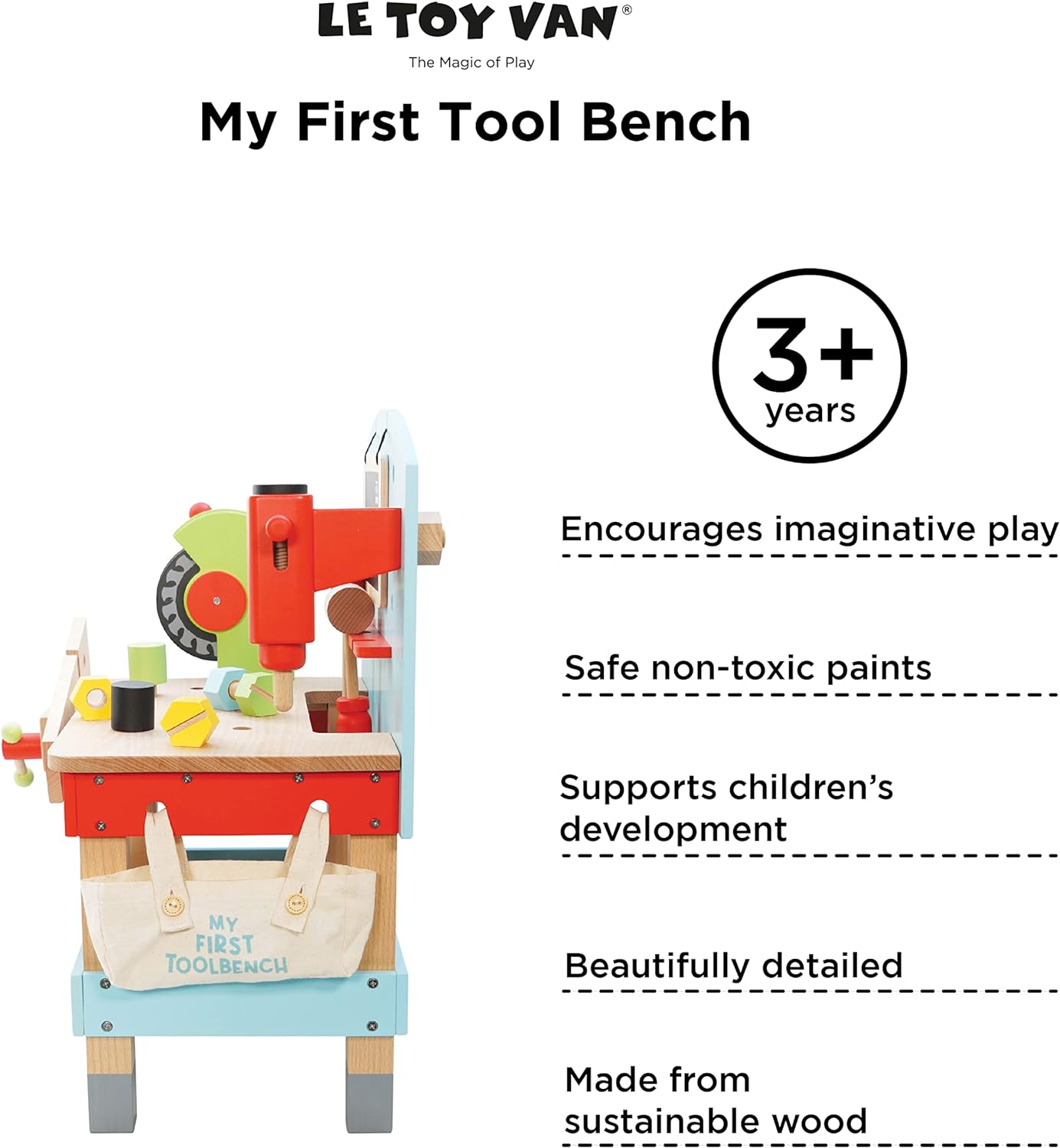 Le Toy Van - Carros e construção educacional Meu primeiro brinquedo de banco de ferramentas Conjunto de banco de ferramentas de madeira para dramatização | Finja brincar com ferramentas de madeira - adequado para crianças de 3 anos ou mais