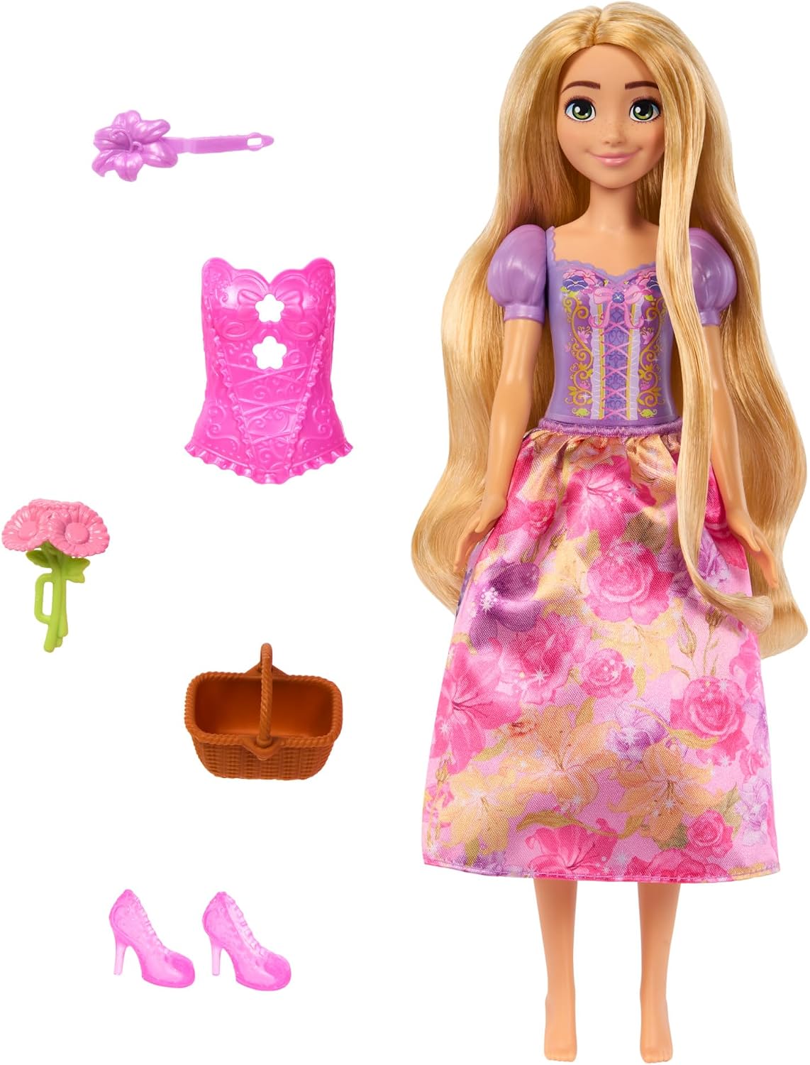 Mattel Conjunto de Boneca Disney Princess Rapunzel "Gira e Revela" com 11 Surpresas (incluindo 5 acessórios, 5 adesivos e cenário), inspirado no filme, HTV86