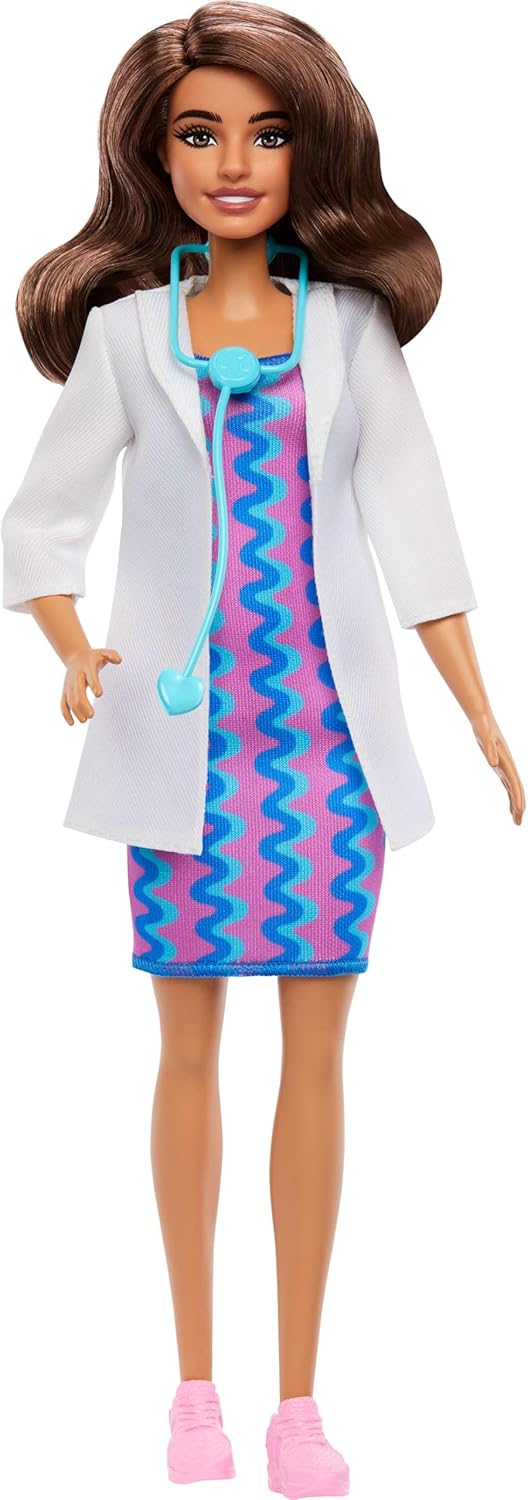 Barbie Profissões Médicas - Boneca Fashion com Roupa Removível: Jaleco Branco, Vestido e Sapatos, Além de Estetoscópio como Acessório, JKF76