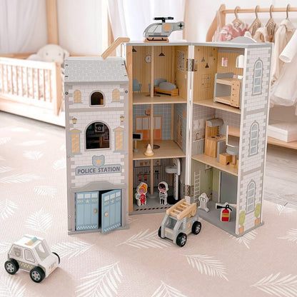 Mamabrum: Conjunto de brinquedo de madeira Estação de Bombeiros e Polícia, para crianças a partir de 3 anos - Brinquedo de faz de conta com veículos e acessórios - Compatível com figuras de ação.